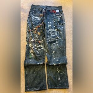 NWT MENS HERITAGE AMERICA PRINT DENIM JEANS CHAIN SKULL PUNK ROCKER 34 x 33 CLUB